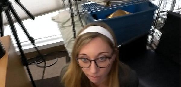  Black stud is receiving a nice blowjob by a petite blonde teen in his office.